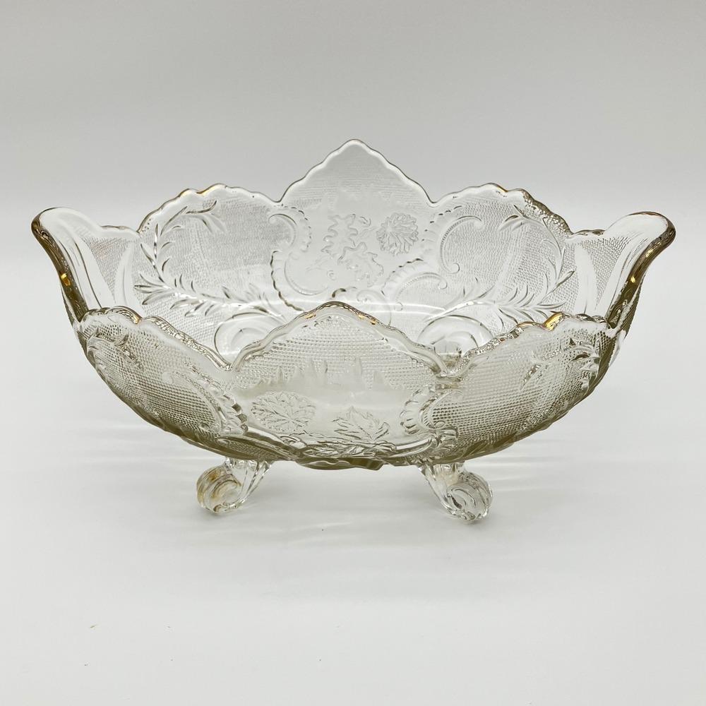 Vintage Clear Glass 4 Footed Oval Banana Boat Bowl Embossed Floral Scalloped 11"
